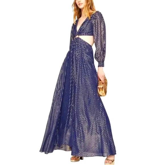 Delfi Collective Cerise Cutout Navy Blue Metallic Gold Dotted Gown Dress S - Picture 1 of 11